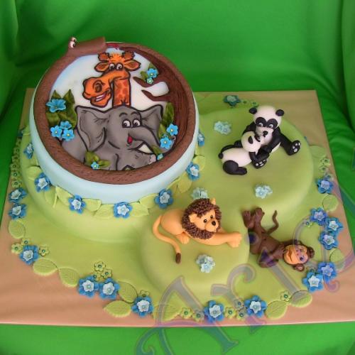 Zvířata - lev, opice, pandy a 2D slon a žirafa