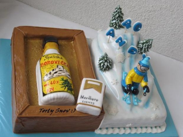 Torta Darcekova krabica a flasa Slivovice, lyz. svah s lyziarom, torta, Narodeninové torty Torta Darcekova krabica a flasa Slivovice, lyz. svah s lyziarom, torta, Narodeninové torty, Torty Snov, 1