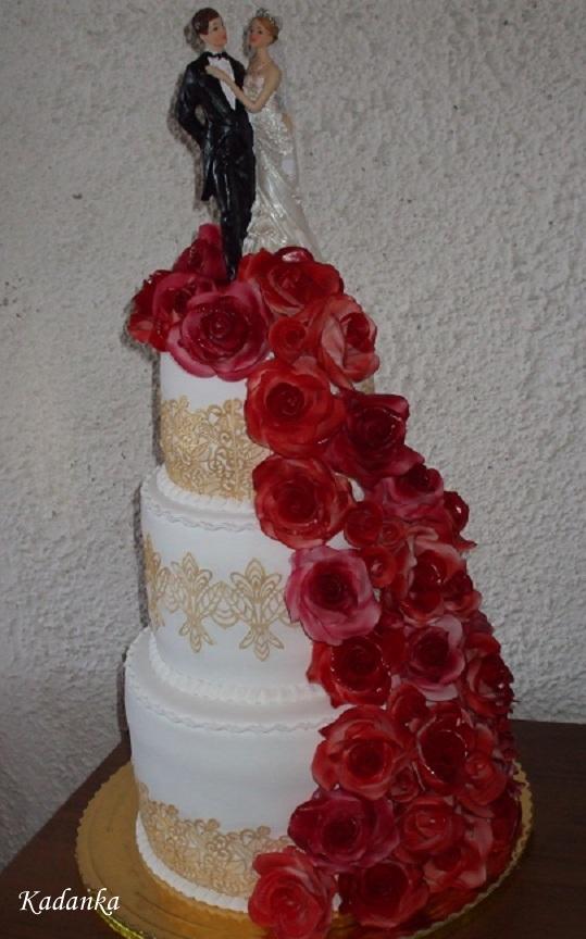 Svadobná so zlatou krajkou a vodopádom ruží, torta, Svadobné torty Svadobná so zlatou krajkou a vodopádom ruží, torta, Svadobné torty, Kadanka, 1