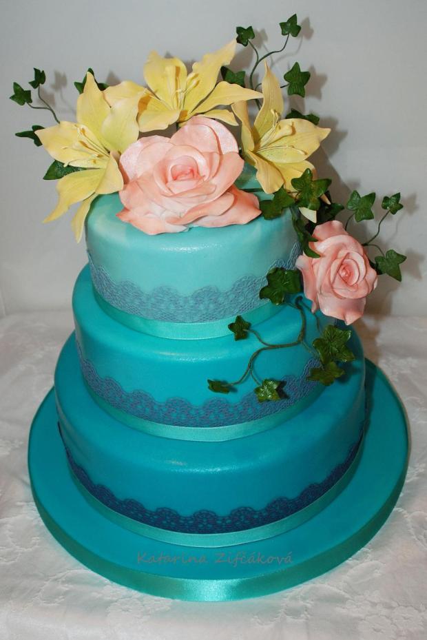tyrkysová s ľaliami a ružami..., torta, Narodeninové torty tyrkysová s ľaliami a ružami..., torta, Narodeninové torty, Katarina139, 1
