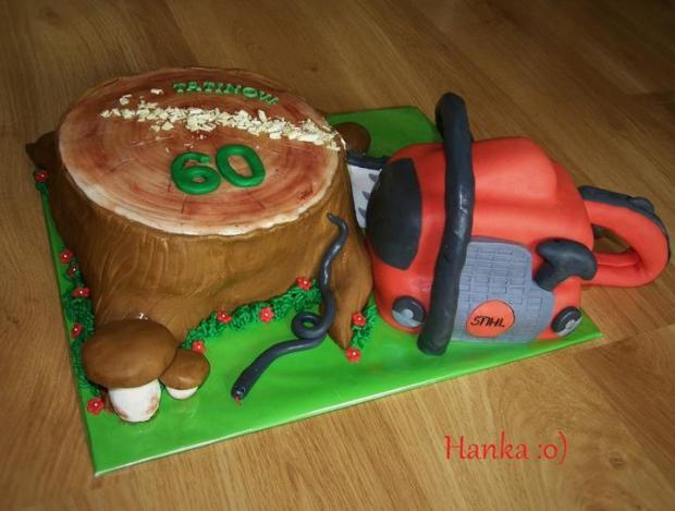 Motorová píla s pňom, torta, Narodeninové torty, selinnka, 1