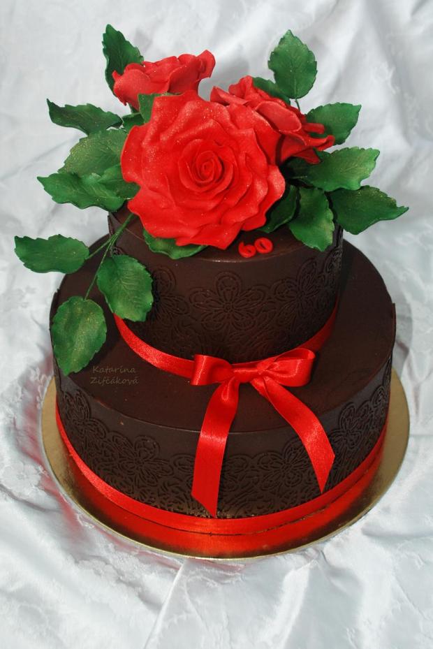 čokoládová s čipkou a ružami k 60tke, torta, Narodeninové torty, Katarina139, 1