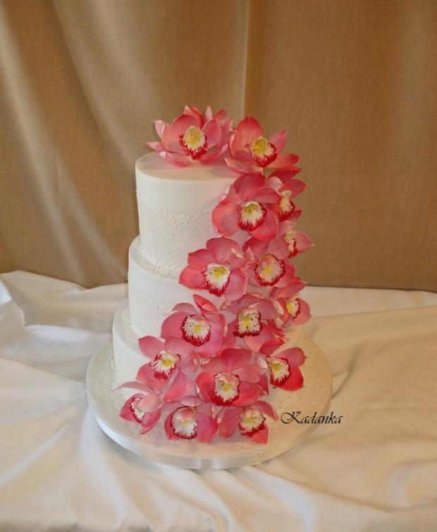 Hlavná svadobná s orchid. cymbídia a s rdcom, torta, Svadobné torty Hlavná svadobná s orchid. cymbídia a s rdcom, torta, Svadobné torty, Kadanka, 1