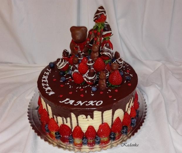 Pre dvojčatá na 1 rok , ovocná -  preliata čokoládou, torta, Drip torty, Kadanka, 3