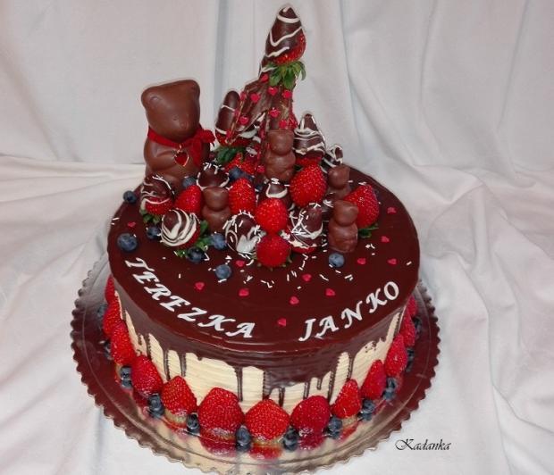 Pre dvojčatá na 1 rok , ovocná -  preliata čokoládou, torta, Drip torty, Kadanka, 4
