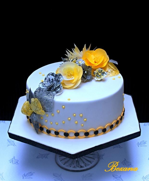 moderná bielo žlto čierna , torta, Narodeninové torty moderná bielo žlto čierna , torta, Narodeninové torty, bezana, 1