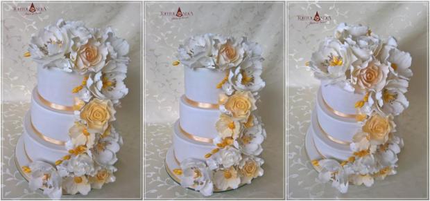 Svadobá bielo-zlatá s vodopádom cukrových kvetín, torta, Svadobné torty, Tortolandia.sk, 3