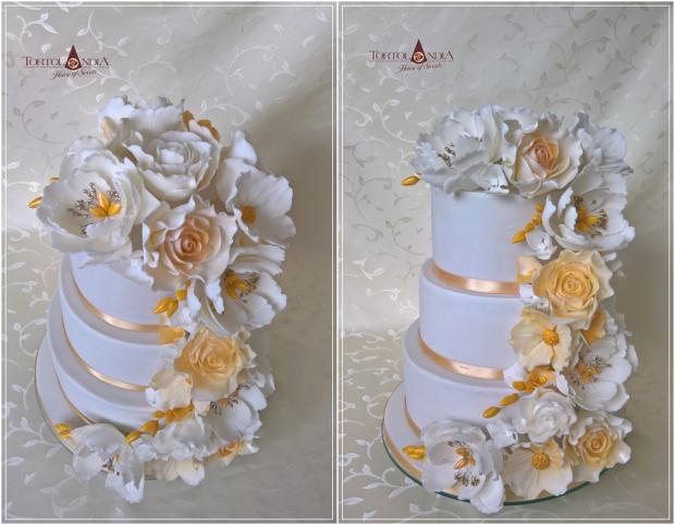 Svadobá bielo-zlatá s vodopádom cukrových kvetín, torta, Svadobné torty, Tortolandia.sk, 1