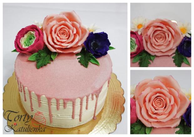 Torta zdobená kvetmi z bielej čokolády, torta, Narodeninové torty, tortykatulienka, 1