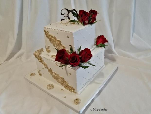 Bielo zlatá s ružami k výročiu..., torta, Narodeninové torty, Kadanka, 1