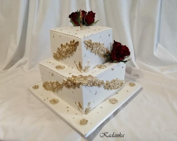 Bielo zlatá s ružami k výročiu..., torta, Narodeninové torty, Kadanka, 2