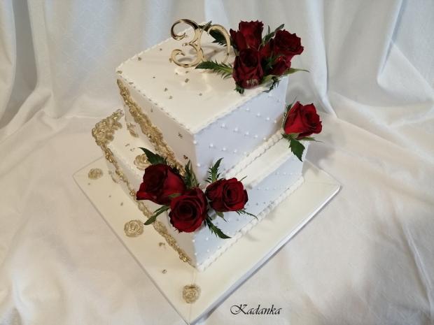 Bielo zlatá s ružami k výročiu..., torta, Narodeninové torty, Kadanka, 3