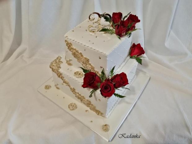Bielo zlatá s ružami k výročiu..., torta, Narodeninové torty, Kadanka, 4