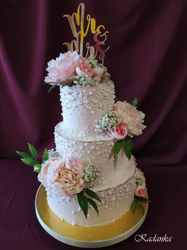 Svadobná krémová , perlová s pivóniami, torta, Svadobné torty, Kadanka, 1
