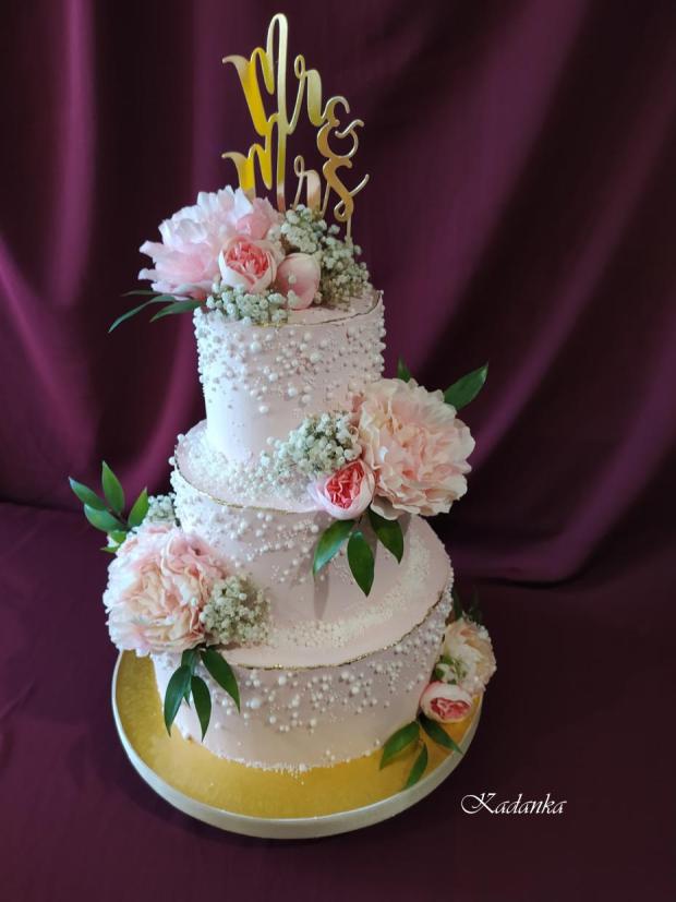 Svadobná krémová , perlová s pivóniami, torta, Svadobné torty, Kadanka, 4