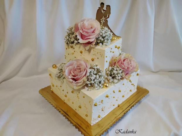 Svadobná krémová so zlatými perlami, torta, Svadobné torty, Kadanka, 1