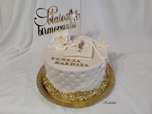 Na sviatosť birmovania pre Terezku v bielo zlatom šate, torta, Torty na cirkevné sviatky, Kadanka, 2