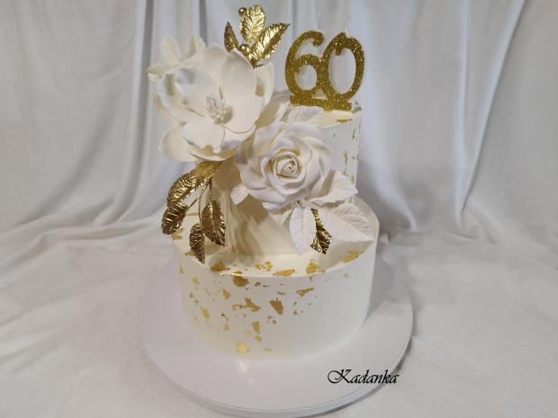 Krémová tortička v bielo zlatom šate k peknému jubileu pre dámu❤, torta, Nahé torty, Kadanka, 1