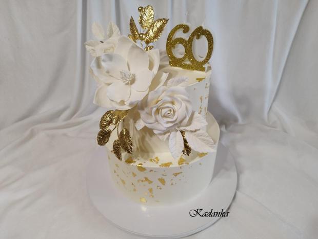 Krémová tortička v bielo zlatom šate k peknému jubileu pre dámu❤, torta, Nahé torty, Kadanka, 2