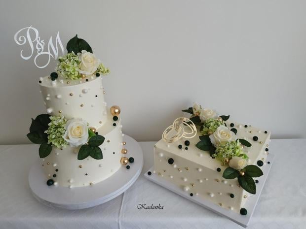 Svadobné krémové tortičky  v smaragdovo zaltom šate, torta, Svadobné torty, Kadanka, 1