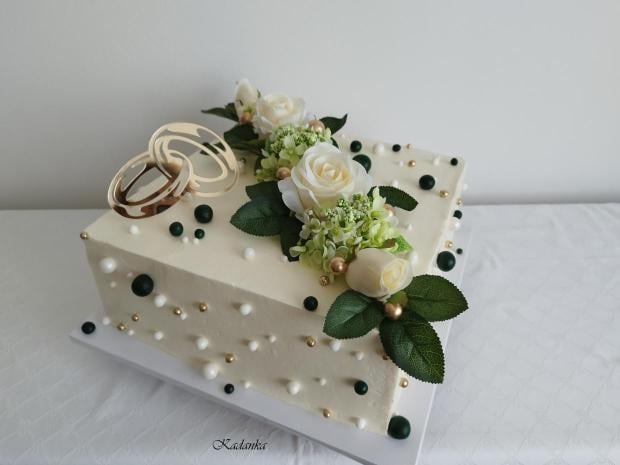 Svadobné krémové tortičky  v smaragdovo zaltom šate, torta, Svadobné torty, Kadanka, 3
