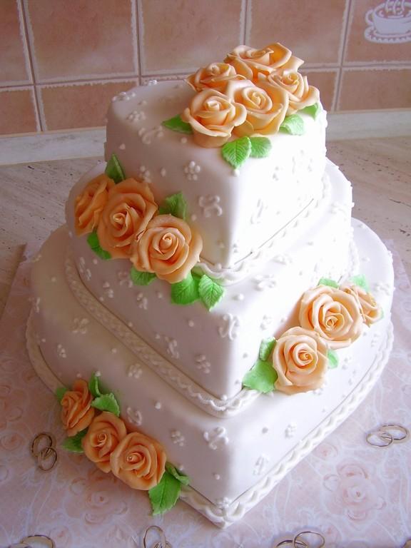 3patrové srdce svatební s oranž. růžemi, torta, Svadobné torty 3patrové srdce svatební s oranž. růžemi, torta, Svadobné torty, Blanka, 1