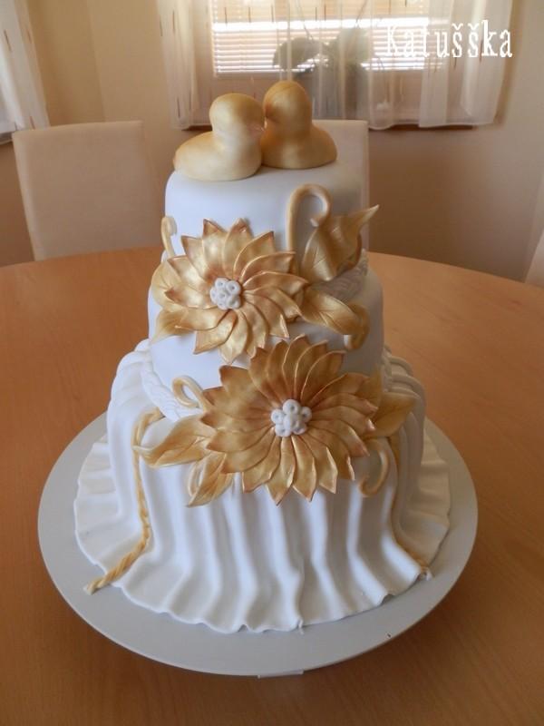Bielo - zlatá s vtáčikmi, torta, Svadobné torty Bielo - zlatá s vtáčikmi, torta, Svadobné torty, katušška, 1