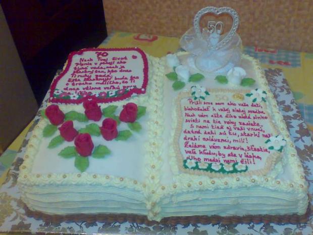 otvorená kniha - dvojitá oslava,k 70-tke pre ženu a k 50 výročiu sobáša, torta, Narodeninové torty, zabacka, 1