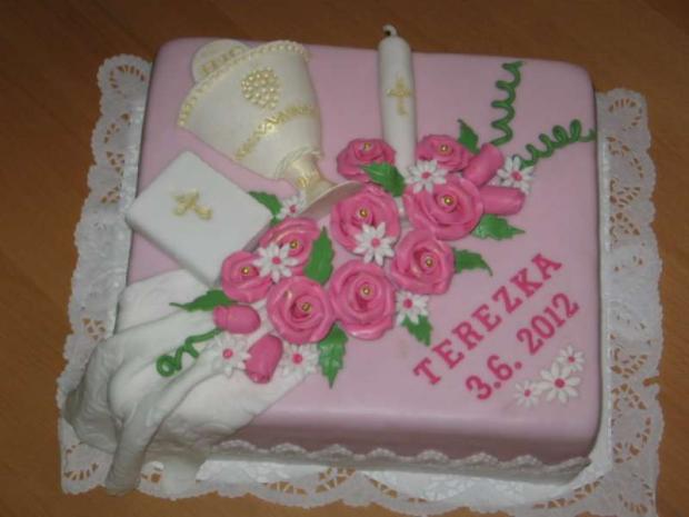 1. sv. prijímanie - ružová s kalichom, torta, Torty na cirkevné sviatky, Lubka212, 1