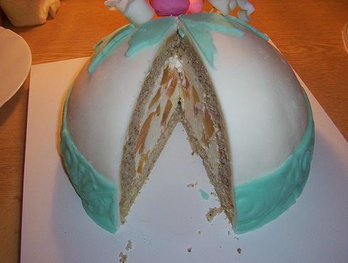 Pečeno v profi sadě na plněné dorty.Odlehčený dort se želatinovou šlehačkou a broskvemi.Na řezu., torta, Netradičné torty, Zdenka Rajnochova, 1
