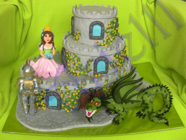 Hrad s rytířem, princeznou a drakem 02, torta, Rozprávkové torty Hrad s rytířem, princeznou a drakem 02, torta, Rozprávkové torty, Arielll, 1